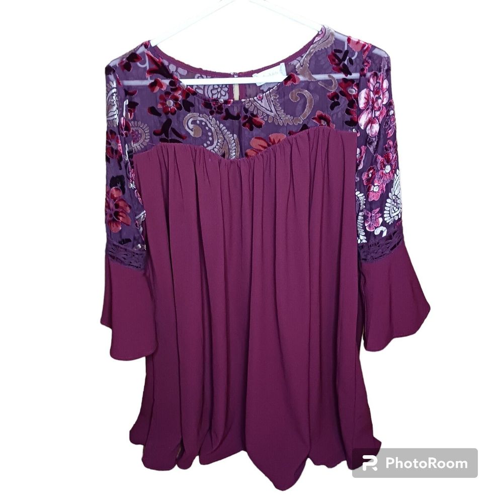 Altar'd‎ State Dress Medium Wine Red Paisley Velvet Yoke Long Bell Sleeve Boho